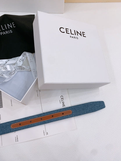 CELINE 25S BELT TRIOMPHE TAURILLON 25MM IN BROWN CALFSKIN AND DENIM 558352
